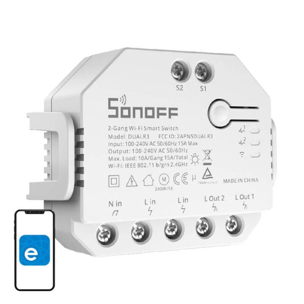 Control din telefon pentru două becuri sau dispozitive, cu masurare consum – Sonoff DualR3